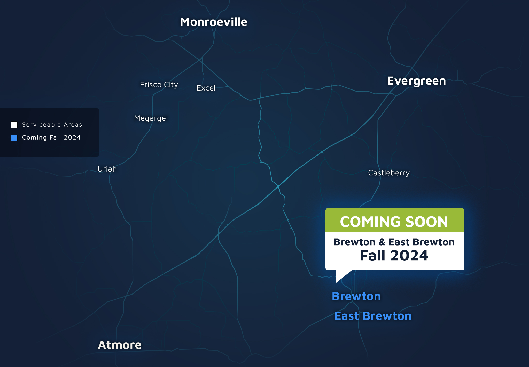 map of monroeville, evergreen, atmore, castleberry, brewton, east brewton and surrounding town and cities -- showing currently connected areas